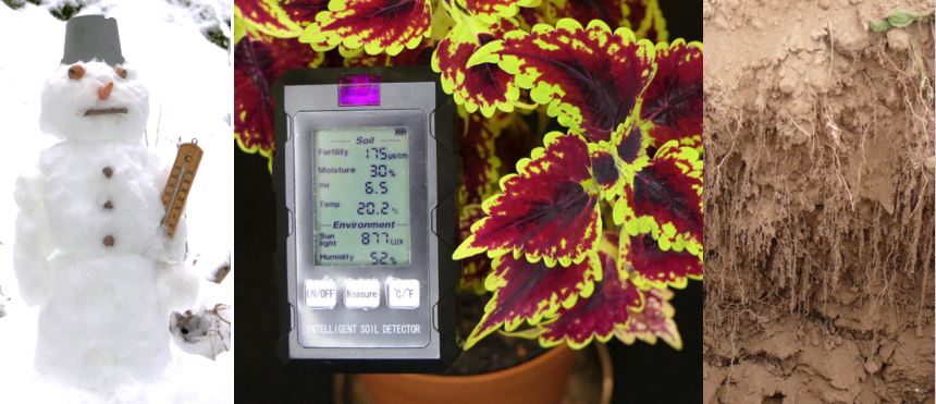 Bild mit Schneemann und Thermometer, digitaler Bodentester und Bodenprofil